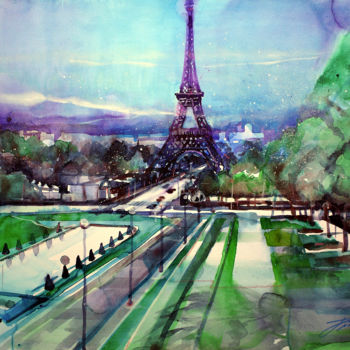 Painting titled "Paris, Trocadéro wi…" by Jopick, Original Artwork, Watercolor