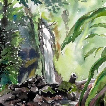 Painting titled "Didier Waterfall" by Joachim Rossignol, Original Artwork, Watercolor