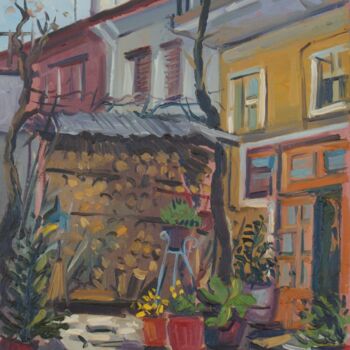 Painting titled "Grandma's yard" by Joan Mato, Original Artwork, Oil