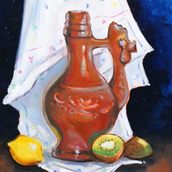 Painting titled "Still life with kiw…" by Joan Mato, Original Artwork, Oil