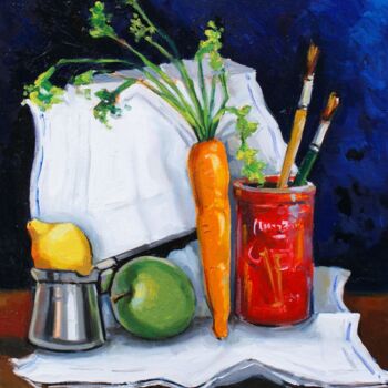 Painting titled "Still life with kit…" by Joan Mato, Original Artwork, Oil