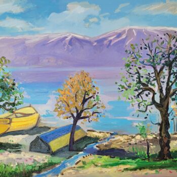 Painting titled "Landscape with boats" by Joan Mato, Original Artwork, Oil