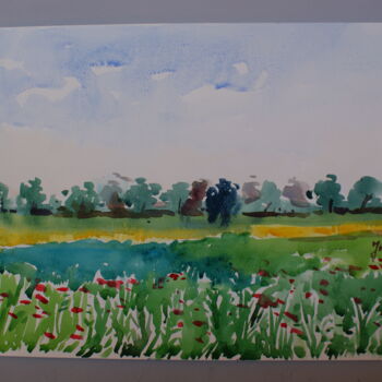 Картина под названием "flower fields sketch" - Joan Mato, Подлинное произведение искусства, Акварель