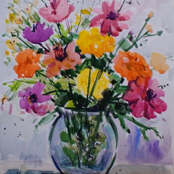 Painting titled "flowers sketch" by Joan Mato, Original Artwork, Watercolor