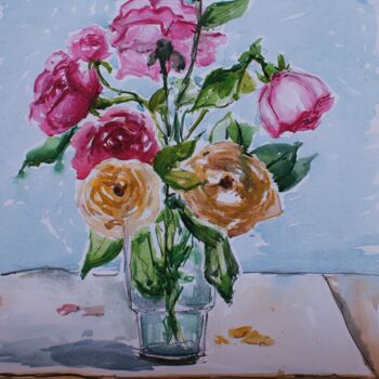 Painting titled "Yellow roses" by Joan Mato, Original Artwork, Watercolor