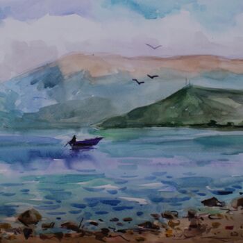 Peinture intitulée "Lake shore" par Joan Mato, Œuvre d'art originale, Aquarelle