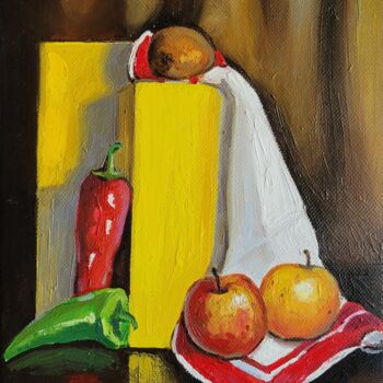 Painting titled "Still life with app…" by Joan Mato, Original Artwork, Oil