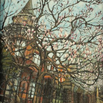 Schilderij getiteld "A house in magnolias" door Joanna Plenzler, Origineel Kunstwerk, Acryl