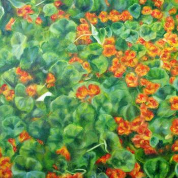 Painting titled "Nasturtiums, Italy" by Joanne Mumford, Original Artwork, Oil Mounted on Wood Stretcher frame