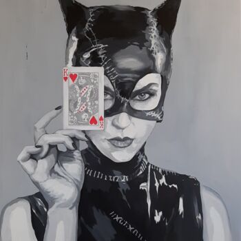 Painting titled "Catwoman, where are…" by Joanprz-Artist, Original Artwork, Acrylic Mounted on Wood Stretcher frame