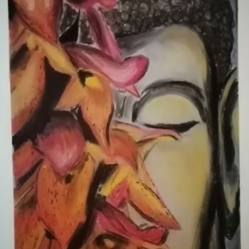 Dessin intitulée "Buda e as Flores" par João Bernardo, Œuvre d'art originale, Pastel