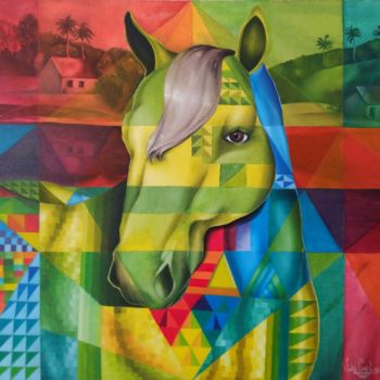 Painting titled "Cavalo" by João Carlos, Original Artwork, Oil Mounted on Wood Stretcher frame