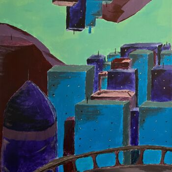 Painting titled "Utopian city #4" by Joaquin, Original Artwork, Acrylic Mounted on Wood Stretcher frame