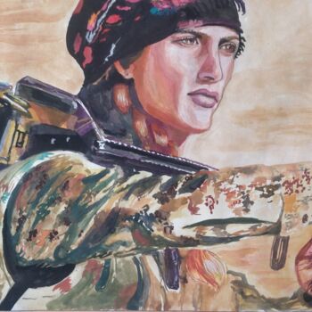 Pintura intitulada "la guérilla kurde" por Joaquín A. Sales, Obras de arte originais, Aquarela