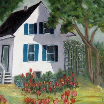 Peinture intitulée "La maison aux tulip…" par Jocelyne Lemieux, Œuvre d'art originale, Huile Monté sur Châssis en bois