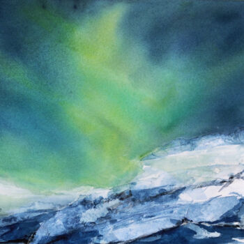 Malerei mit dem Titel "Islande, aurore bor…" von Jocelyne Chauveau, Original-Kunstwerk, Aquarell