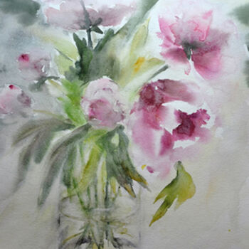 Malerei mit dem Titel "Pivoines roses (50…" von Jocelyne Chauveau, Original-Kunstwerk, Aquarell