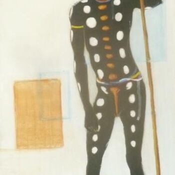 Painting titled "WARRIOR WITH POLE" by Joe Johnson, Original Artwork