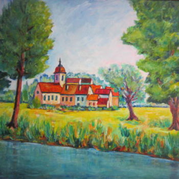 Painting titled "village jurassien v…" by Joel Jeanniot, Original Artwork, Oil Mounted on Wood Stretcher frame