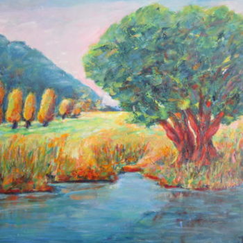 Painting titled "Bords du  Doubs, ve…" by Joel Jeanniot, Original Artwork, Oil Mounted on Other rigid panel