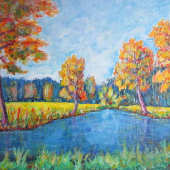 Painting titled "Etang  vers  Ecroma…" by Joel Jeanniot, Original Artwork, Oil Mounted on Wood Stretcher frame