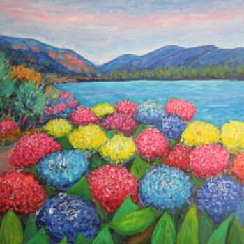 Painting titled "hortensias  au  lac…" by Joel Jeanniot, Original Artwork, Oil Mounted on Wood Stretcher frame