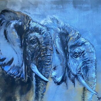 Malerei mit dem Titel "Blue twice elephants" von Joele Ardans, Original-Kunstwerk, Acryl