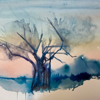 Painting titled "Baobab in blue" by Joele Ardans, Original Artwork, Watercolor