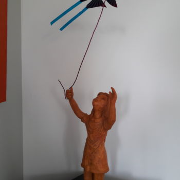 Sculpture titled "Enfant au cerf vola…" by Joëlle Boutherin, Original Artwork, Clay