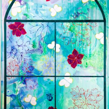 Peinture intitulée "Fenêtre sur le jard…" par Joëlle Dubois, Œuvre d'art originale, Acrylique
