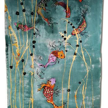 Arte tessile intitolato "tenture poissons ja…" da Joelle Morisset, Opera d'arte originale, pigmenti