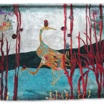 Art textile intitulée "tenture oiseaux jap…" par Joelle Morisset, Œuvre d'art originale, Encre
