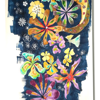 Textile Art titled "tenture les fleurs…" by Joelle Morisset, Original Artwork, Ink