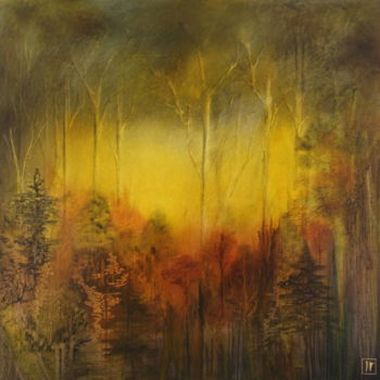 Painting titled "Forêt silencieuse" by Joëlle Rhode, Original Artwork, Oil Mounted on Wood Stretcher frame