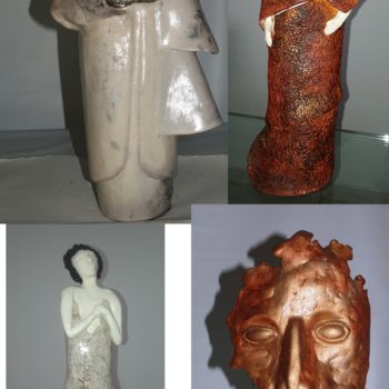 Sculpture titled "statuettes et masque" by Joëlle Thanel, Original Artwork, Ceramics