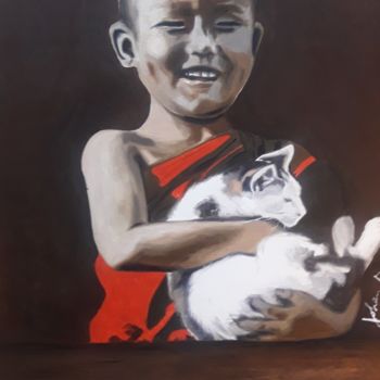 Pintura titulada "Niño Buda y su gato" por Johan, Obra de arte original, Oleo