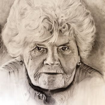 Drawing titled "Head of an old woman" by Johann Krammer, Original Artwork, Pencil