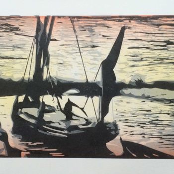 Printmaking titled "Cygnet Gliding Home" by John Garrett, Original Artwork, Xylography