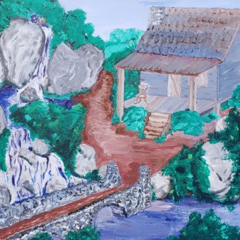 Malerei mit dem Titel "Cabin by the falls" von John Morrison, Original-Kunstwerk, Acryl Auf Keilrahmen aus Holz montiert