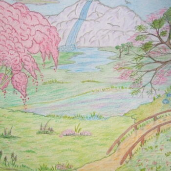 Drawing titled "Paysage de nature e…" by John Regnier, Original Artwork, Pencil Mounted on Glass