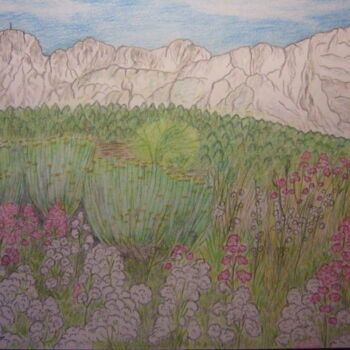 Dessin intitulée "Paysage fleuri sur…" par John Regnier, Œuvre d'art originale, Crayon
