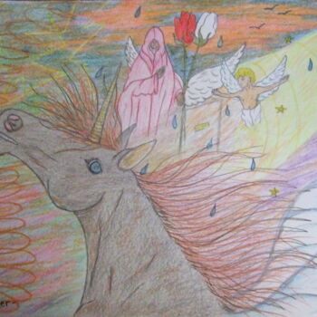 Dessin intitulée "La délivrance terre…" par John Regnier, Œuvre d'art originale, Crayon Monté sur Verre