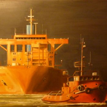 Schilderij getiteld "Navire Orange" door Mc Kenzie, Origineel Kunstwerk, Olie