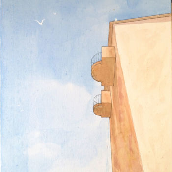 Malerei mit dem Titel "Balcon vue sur la m…" von Laurent Pellé, Original-Kunstwerk, Aquarell Auf Karton montiert