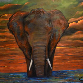 Painting titled "peinture d'éléphant" by Joky, Original Artwork, Oil