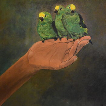 Painting titled "peinture oiseaux Pe…" by Joky, Original Artwork, Oil