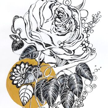 Dessin intitulée "Romantic ,,Rose and…" par Jolanta Frankiewicz, Œuvre d'art originale, Encre
