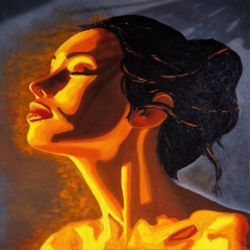 Schilderij getiteld "Fire" door Jolanta Rabenstein, Origineel Kunstwerk, Olie Gemonteerd op Frame voor houten brancard