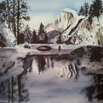 Pintura intitulada "Reflexion hivernale" por Jocelyne Larralde, Obras de arte originais, Aquarela