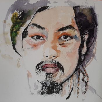 Painting titled "Homme de Mongolie" by Jocelyne Larralde, Original Artwork, Watercolor